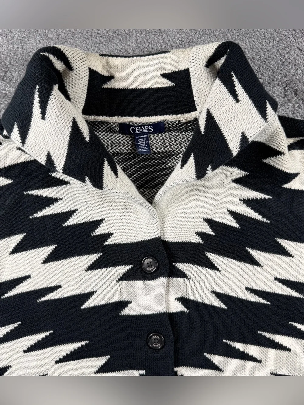 Chaps Aztec Geometric Button Up Cardigan Black & White Size 2X Womens Zebra Cowl